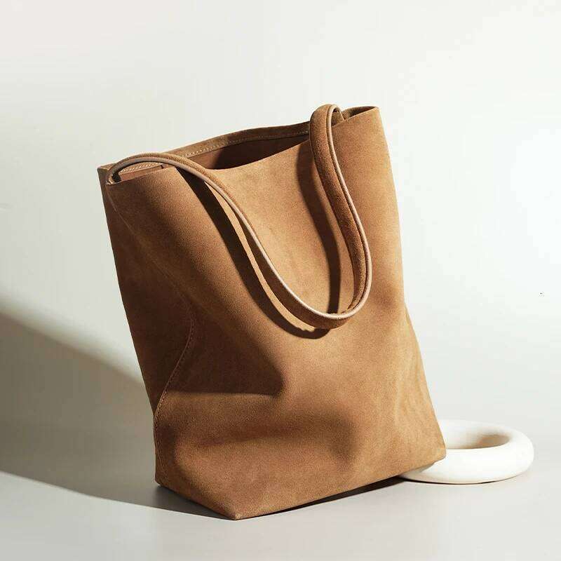 Frosted Cowhide Vintage Women's Large Capacity Suede Fashion Bucket Shoulder Bag Solid Color Simple Casual Commuter Bags