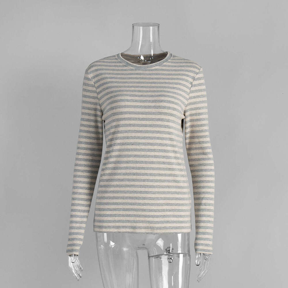 Striped T-Shirt Autumn Winter Commuter Slim Fit Round Neck Cotton Base Shirt Long Sleeve Tee For Women B5