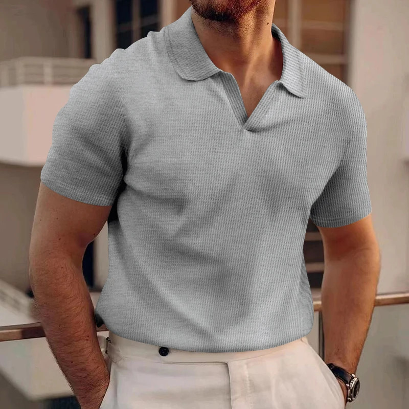 24 cross-border European and American summer polo shirt lapel V-neck waffle short sleeve mens T-shirt 250716