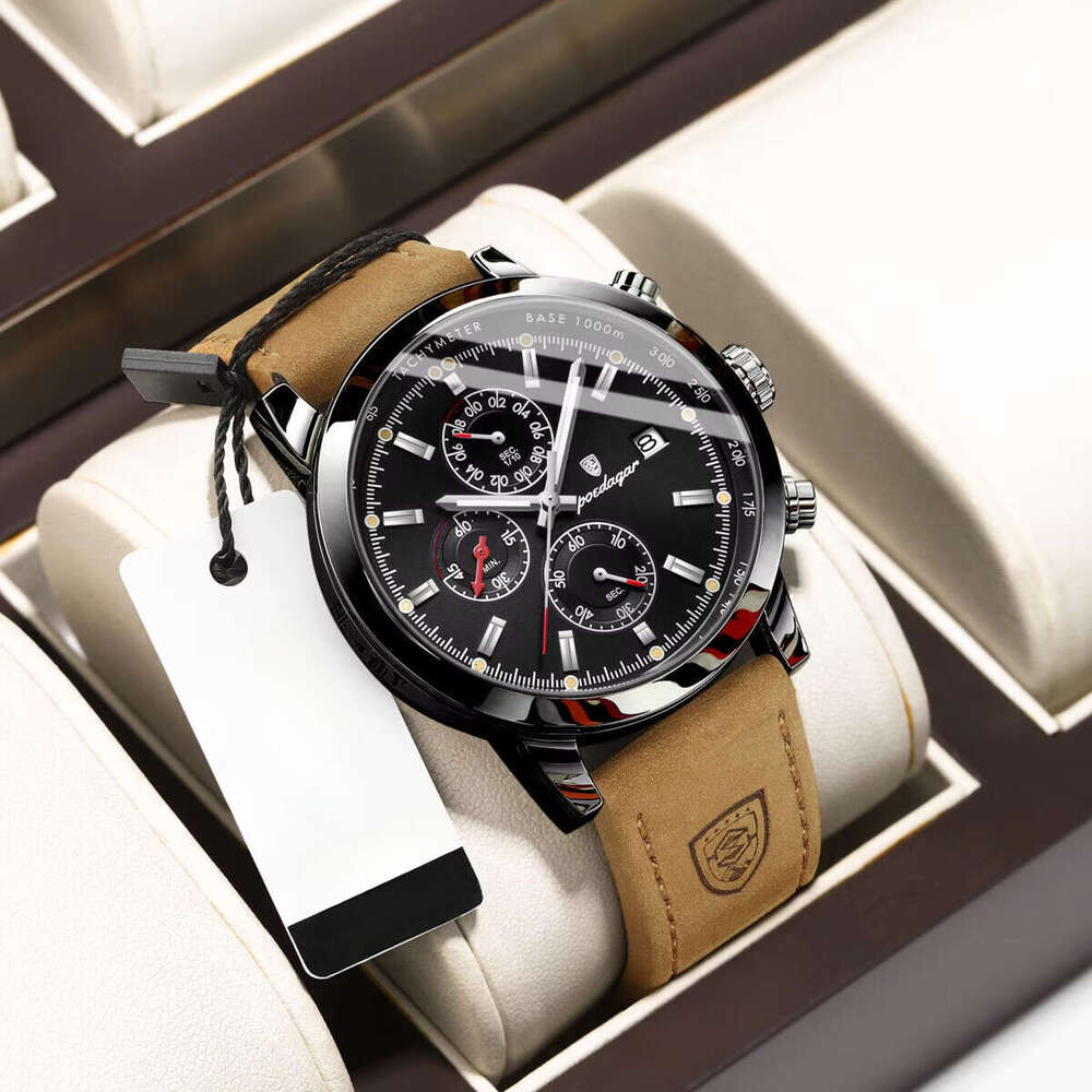 DHgargets Men's Sports Chronograph Watch - 50M Waterproof Leather Strap Quartz Wristwatch with Date & Tachymeter (Model 932)