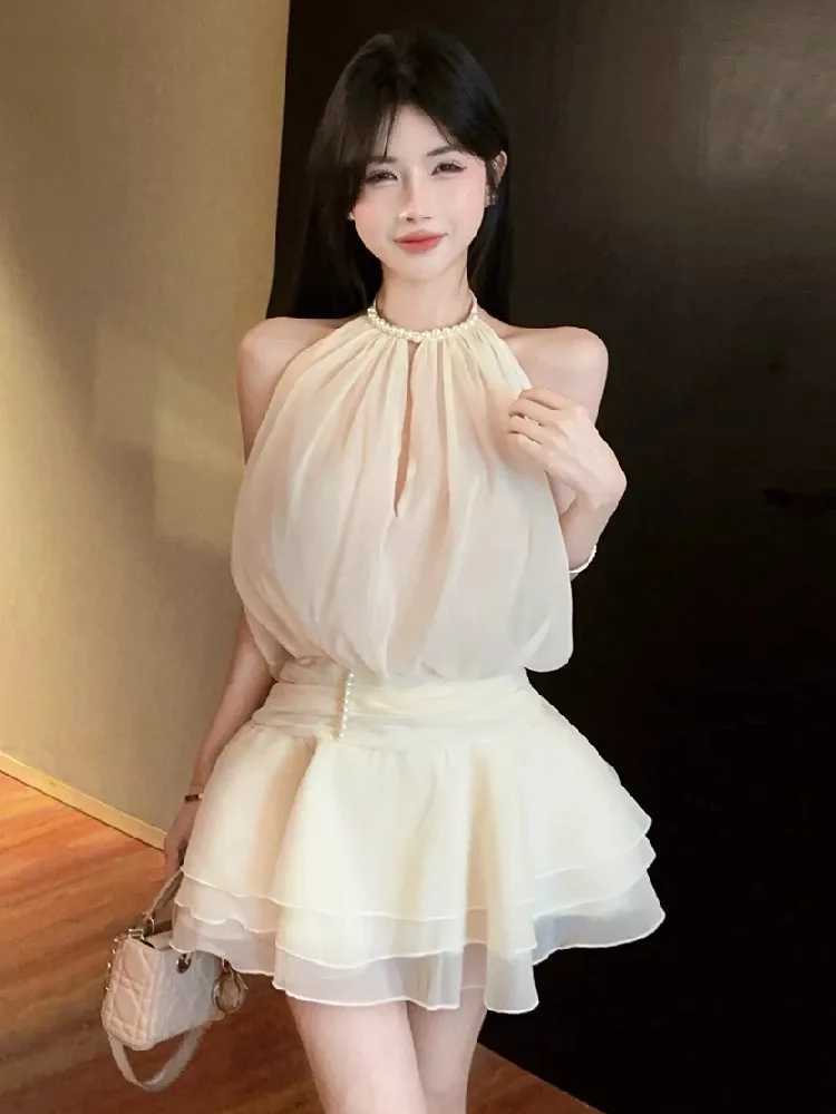 Ezgaga Mini Dresses Women Pearl Halter Sleeveless Bandage Slim Backless Hollow Out Sweet Elegant Party Dress Female Casual R250716