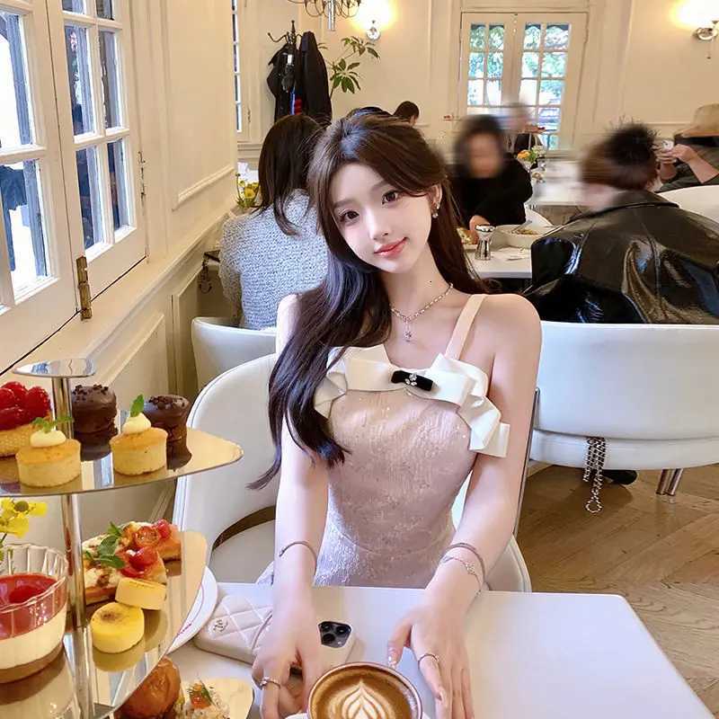 Kimotimo Sweet Jacquard Halter Birthday Dress Women Summer Fashion Bow Sequin Waist A-line Mini Dresses Luxury Party Vestidos R250716
