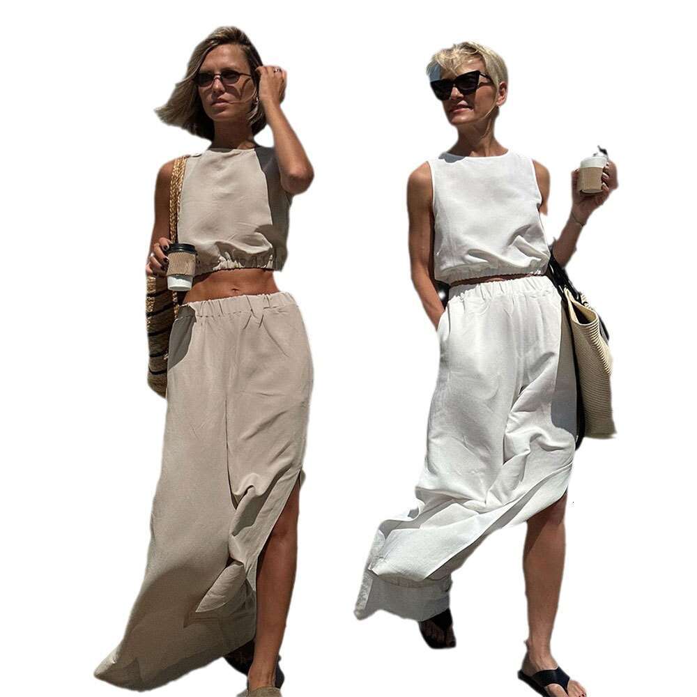 Summer Cotton Linen Short Sleeveless Elastic Waist Exposed Top + Long Pants With Slits Two-Piece Set B5