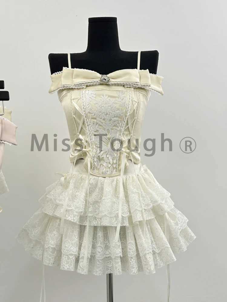Summer Princess Elegant Mini Skirt Suit Women French Fashion Casual Y2k Lolita 2-Piece Set Female Lace Solid Bow Kawaii Set 2024 R250716