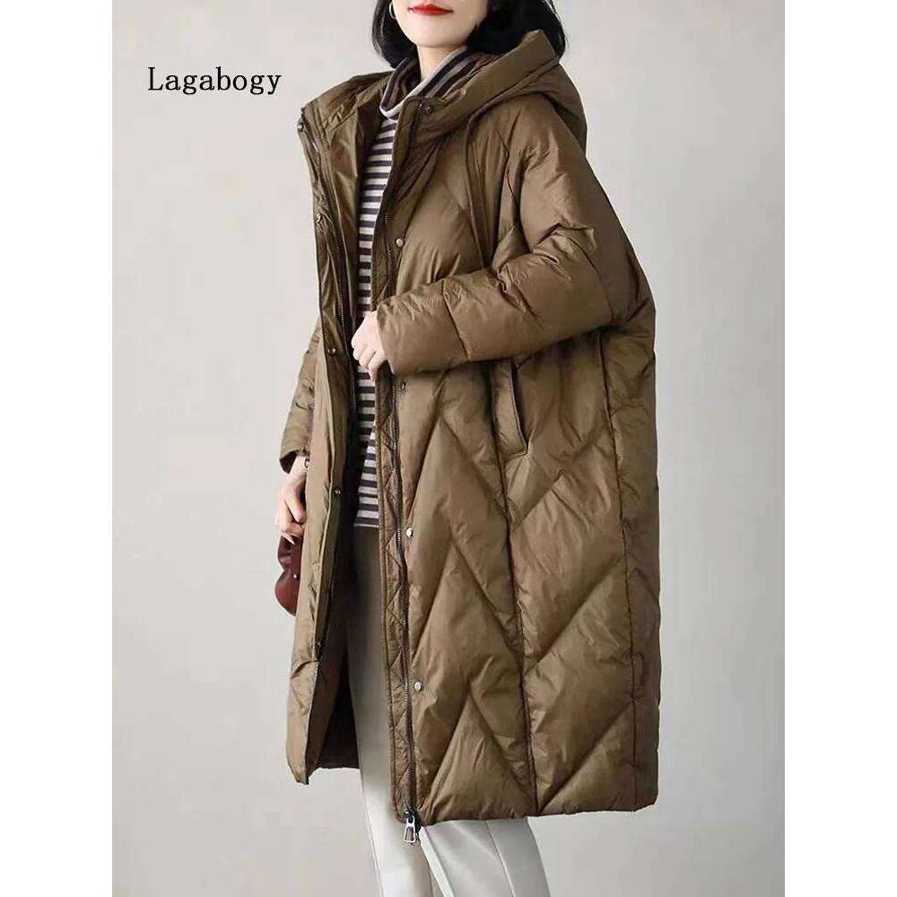 Lagabogy 2025 New Women 90% White Duck Down Long Jacket With Hooded Casual Loose Thick Parkas Female Winter Warm Windproof Coat