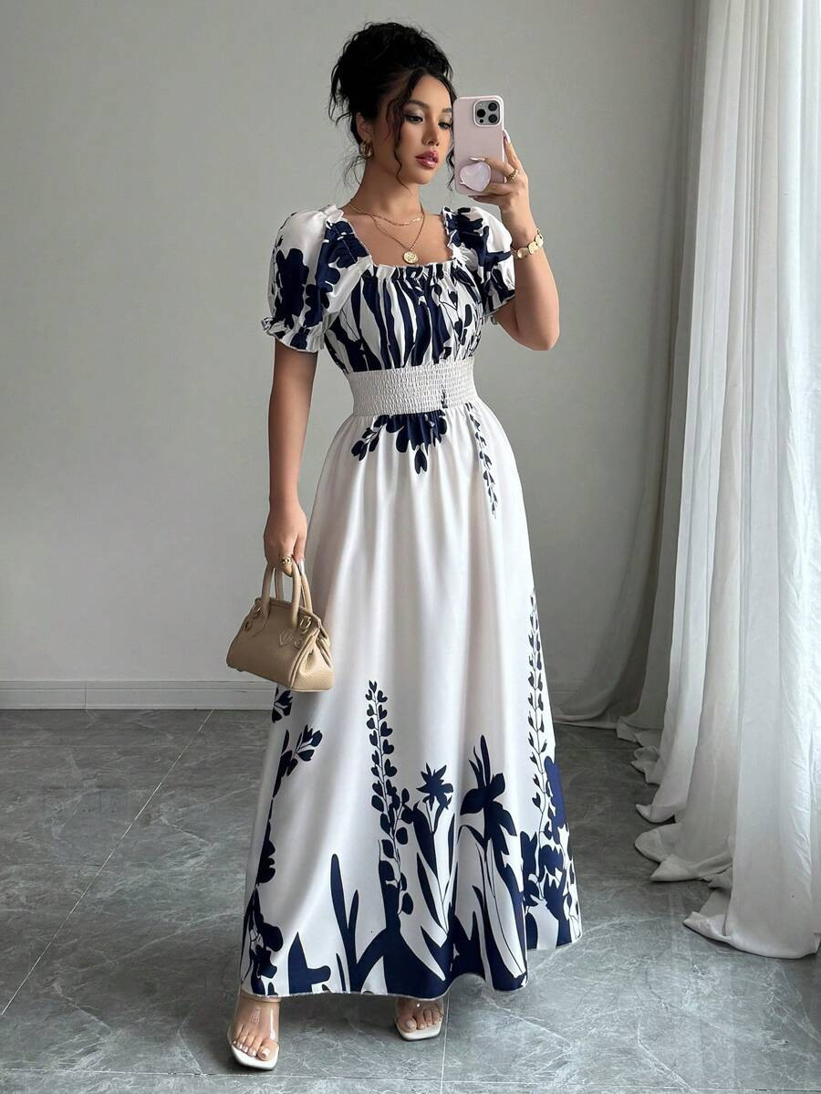 2025 Summer Amazon European and American New Style Puff Sleeve High Waist Cinched Printed Women's Flared Strap Dress