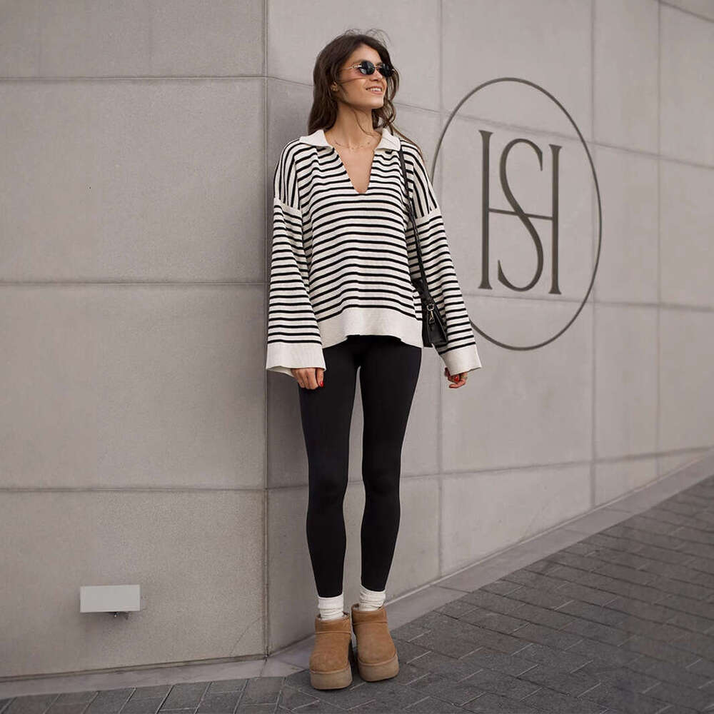 Black Sweater Autumn Winter New Turn-Down Collar Striped Long Sleeve Loose Pullover Knitwear For Women B5