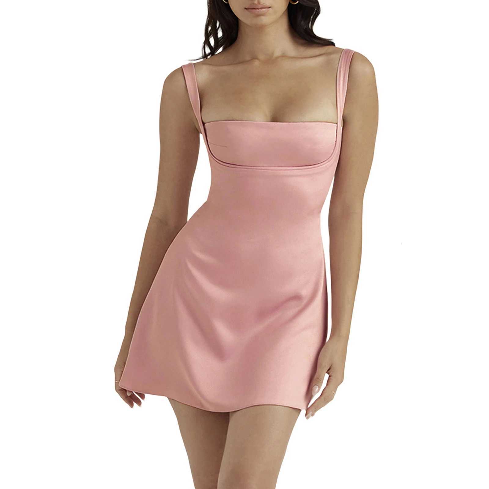 Combhasaki Womens Summer Sexy Solid Color Low-Cut Sleeveless Square Neck High Waist A-Line Short Mini Party Tank Dress R250716