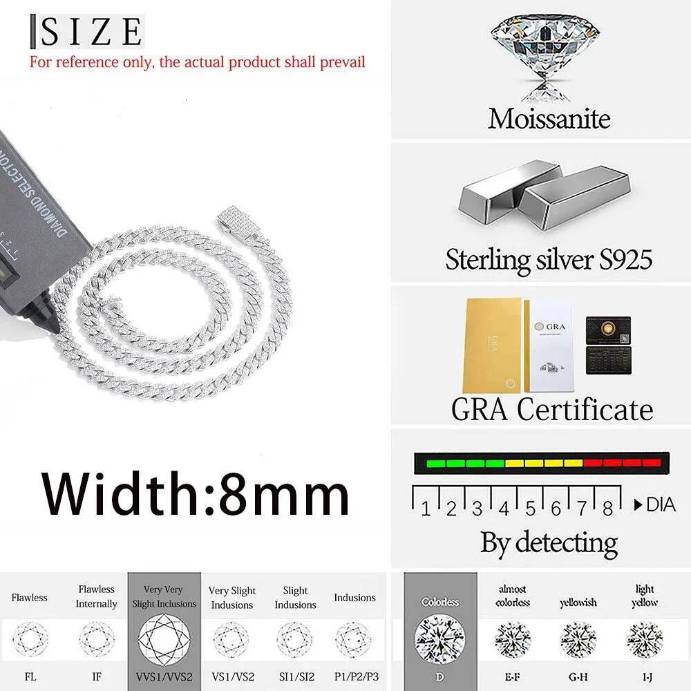 Wholesale Luxury 925 Sterling Silver Jewelry 8mm Custom Necklace Iced Out Cuban Link VVS Moissanite Diamond Cuban Link Chain