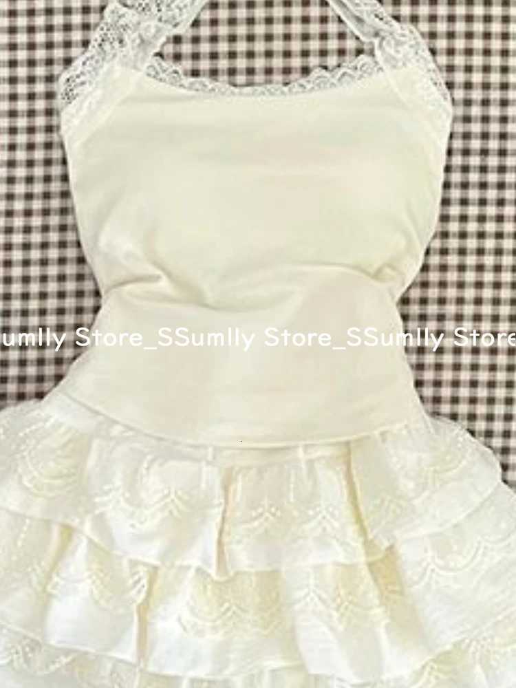 2025 Korean New Sexy Lace Design Skirt Suit Women Fairy Sweet Camisole + Puff Cake Skirt Sets Spring Ins Casual Two-Piece Set R250716