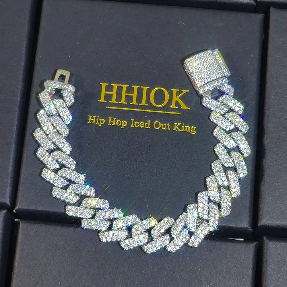Fine Jewelry Iced Out VVS Moissanite Cuban Bracelet 925 Sterling Silver Hip Hop Jewelry 14mm Width Bling Diamond Bracelet Men