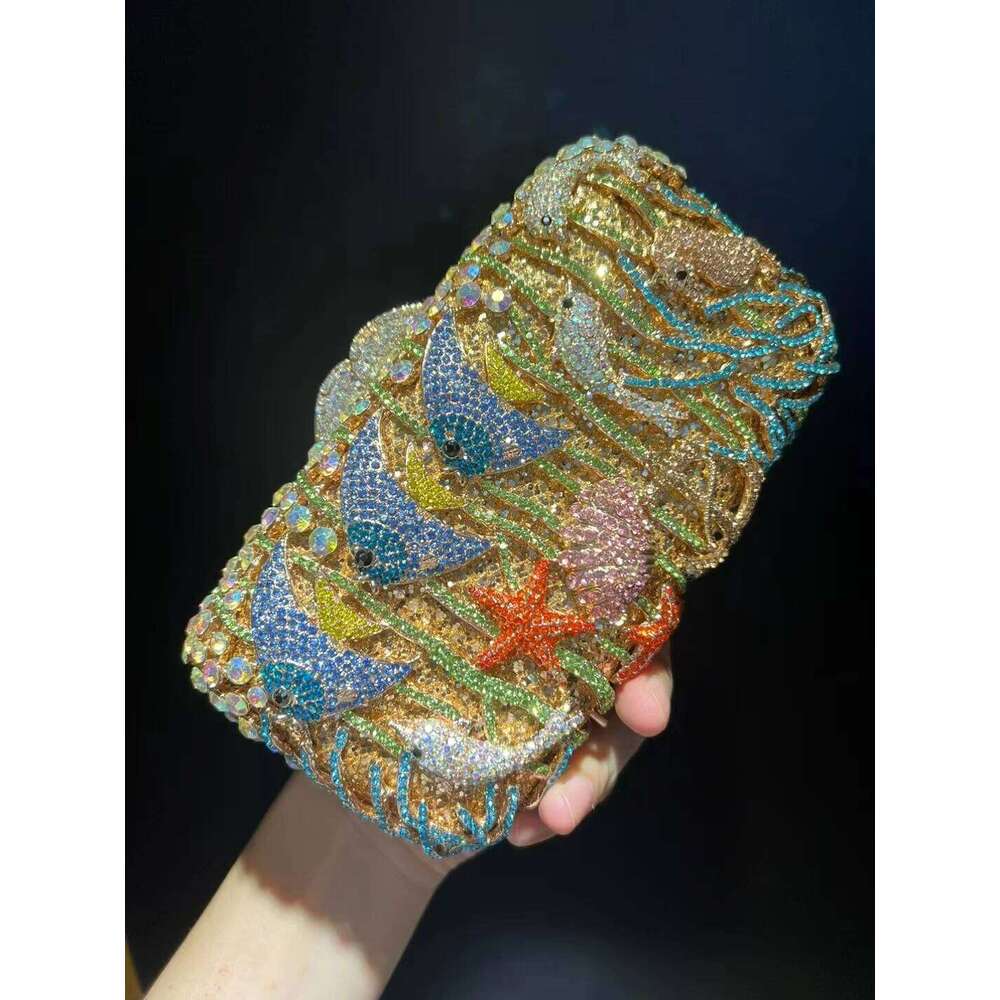 Lady Fish Full Rhinestones Evening Clutch Bags Wedding Stone Day Clutches Purses Metal Minaudiere Handbag Bridal Party Handbags