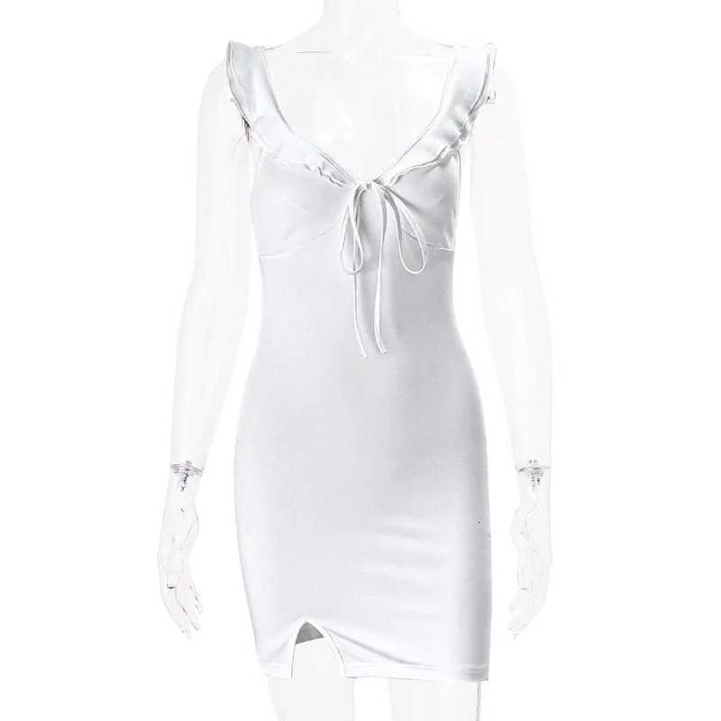 Combhasaki Womens Summer Adjustable Shoulder Straps Ruffled Deep V Neck Tie-Up Solid Color Slit Hem Slim Fit Bodycon Mini Dress R250716