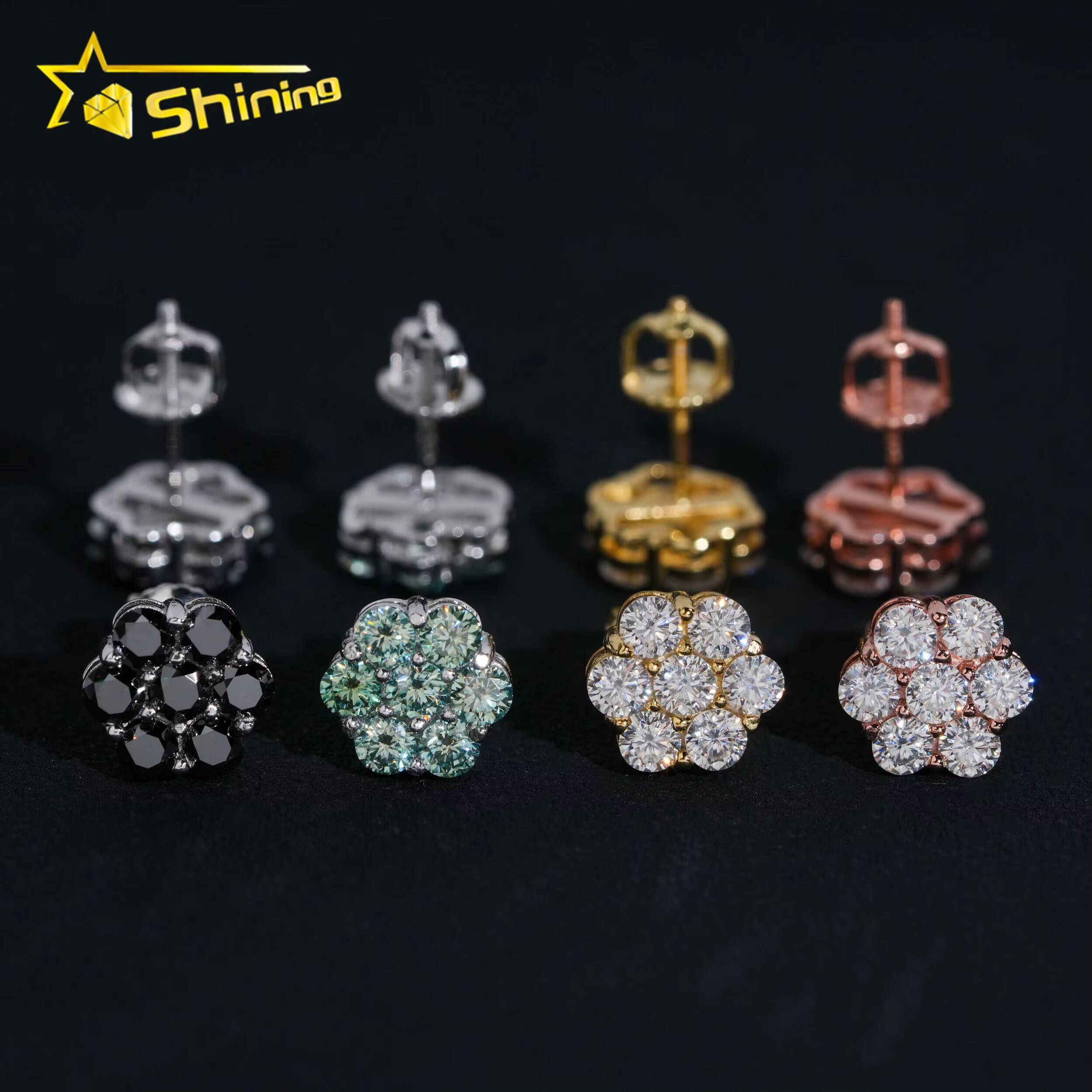 Ready to Ship Stock Drop Shipping Mens Iced Out Hip Hop Sterling Silver 925 Screw Back Moissanite Flower Cluster Stud Earrings