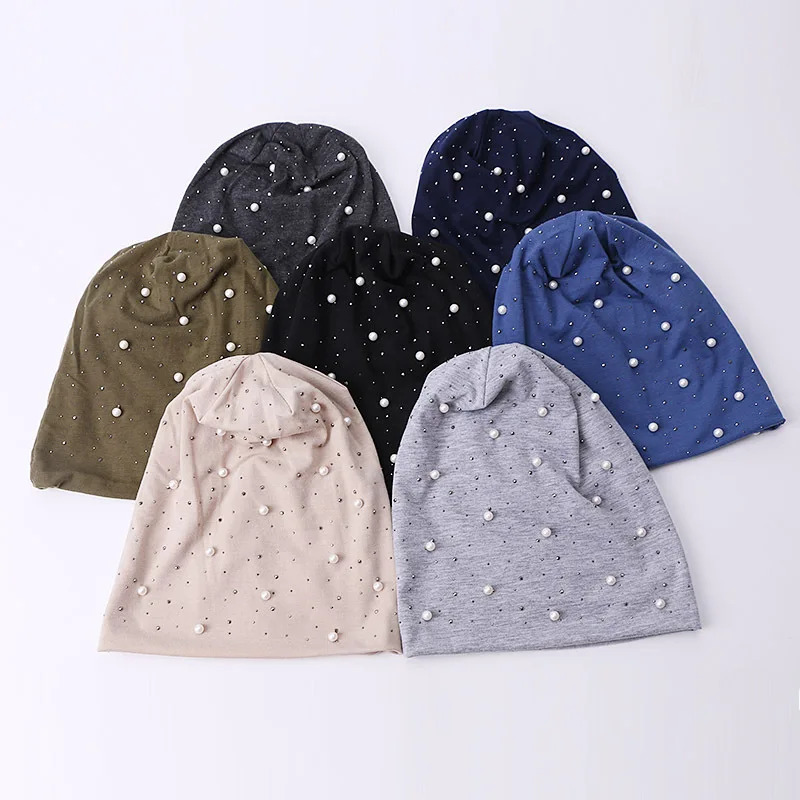 Soft Cotton Autumn Spring Beanie Hat Girls Pearl Rhinestones Warm Skullies Caps Turban Bonnet Hat Female Ladies 250715