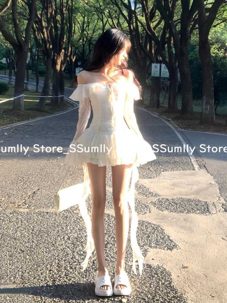 France Sweet Off Shoulder One Piece Dress Women Elegant Sexy Slim Party Clothes Female Korean Chic Design Fairy Dresses 2025 New R250716