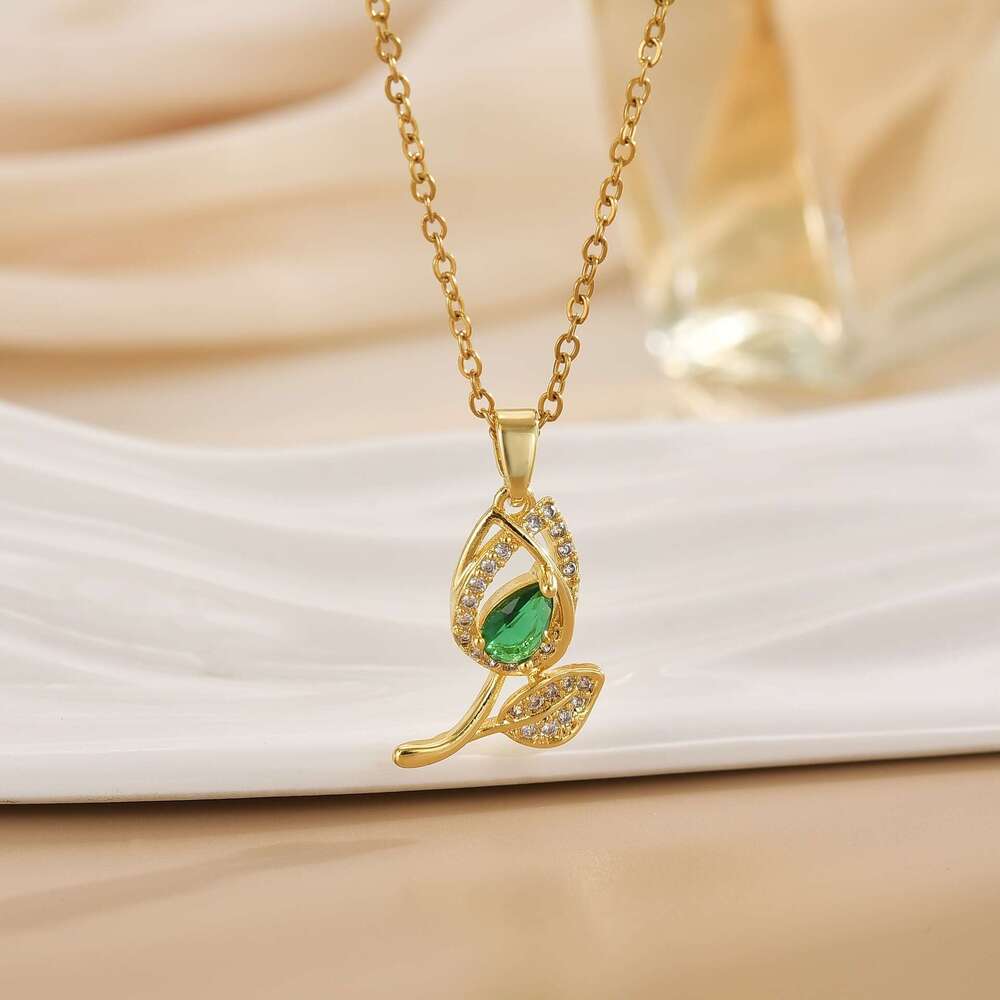 Necklace For Women Copper Gold Plated Colorful Zircon Tulip Niche Design Ins Versatile High-End Titanium Steel Accessories 29B