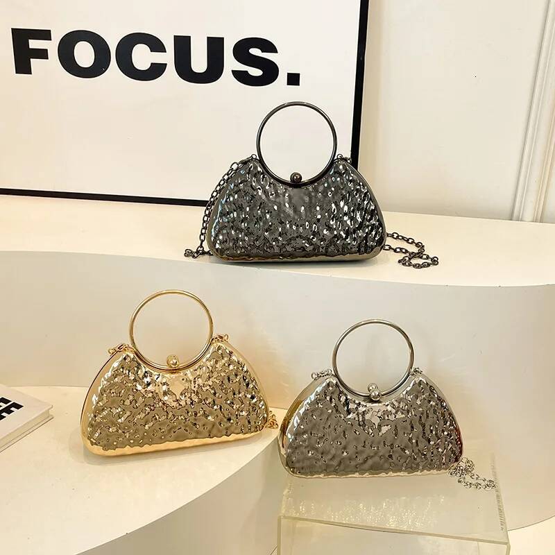 Round Handle Golden Evening Clutch Bags For Women Metal Texture Designer Purses And Handbags Wedding Party Crossbody Bag