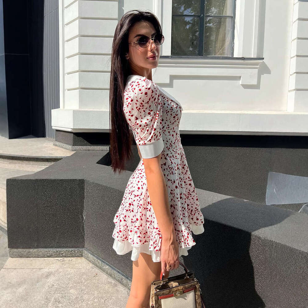 Women's V-Neck Printed Summer New Puff Sleeve Short Doll Collar Dress B5