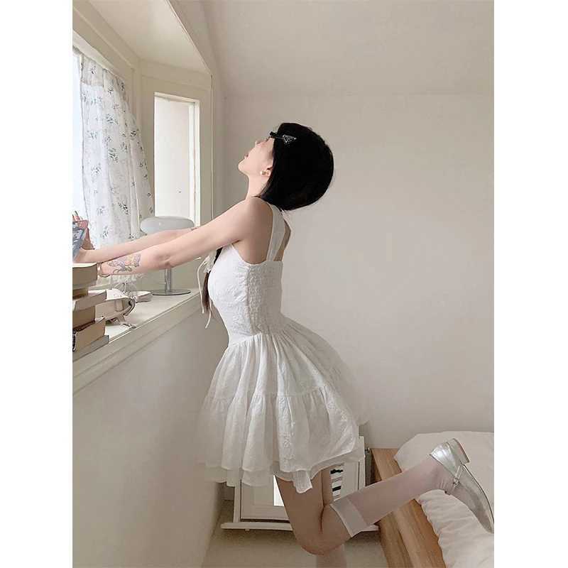 Mekst Sweet White Mini Dress Women Fairy Party Prom Strap Ruffles One Pieces Dresses Korean Vacation Bodycon Ball Gown Vestidos R250716