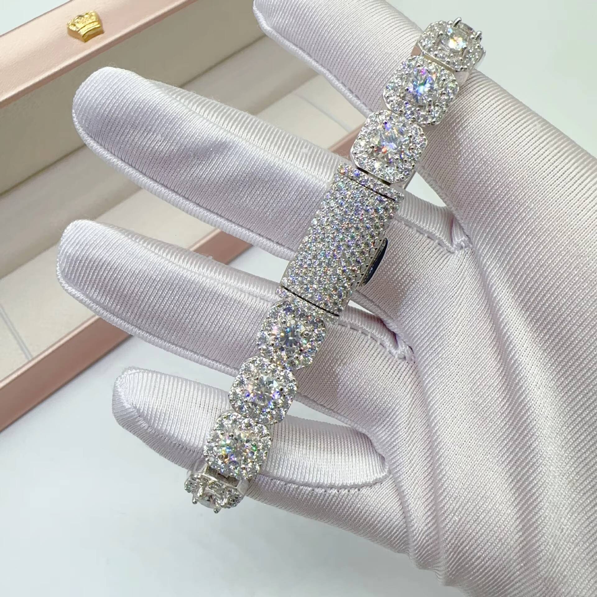 DE VVS Moissanite Chic Fashion 10mm Jewelry Iced Out Square Striking Bling 925 Sterling Silver Tennis Bracelet Chain Necklace