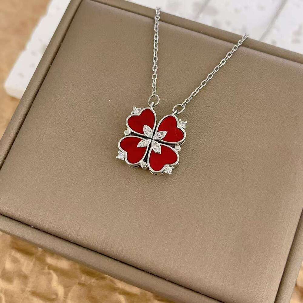Necklace For Women Red Mother-Of-Pearl Four-Leaf Zircon Live Multi-Way Wear Heart Collarbone Chain Korean Style Internet Celebrity Jewelry D14