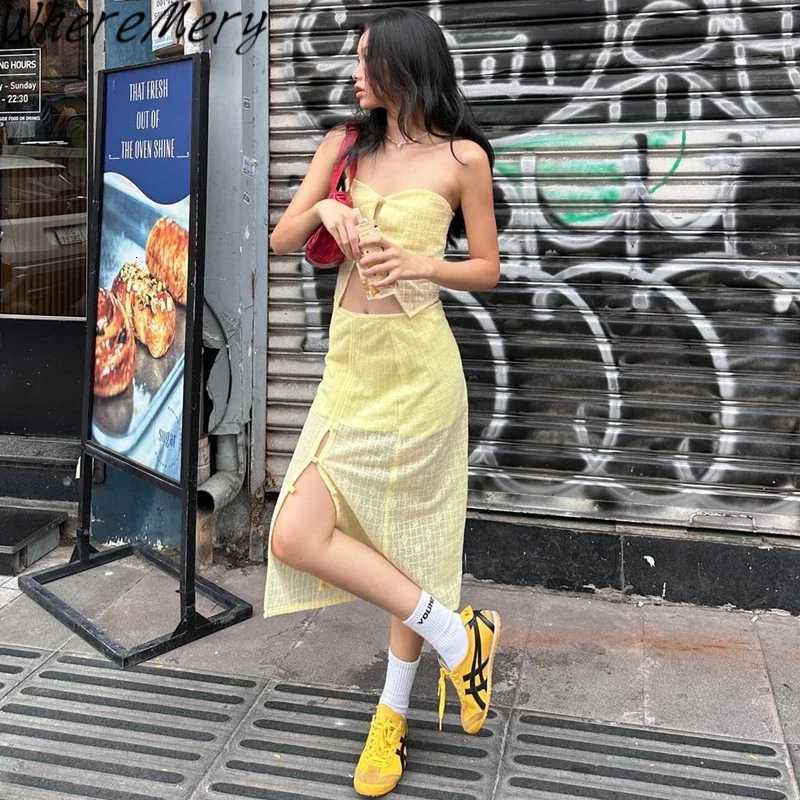 Vermery Casual Summer Hollow Out Womens Two Pieces Set Off Shoulder Sleeveless Crop Tops With High Waist Long Skirt Lady Suit R250716