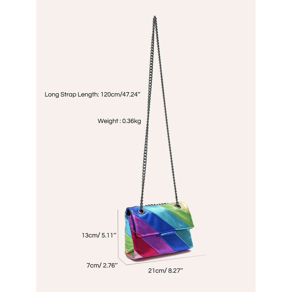 CEZIRA Women Fashion Metallic Rainbow Color Stripes PU Vegan Leather Bag Small Square Magnet Flap Cover Metal Chain Cross Body