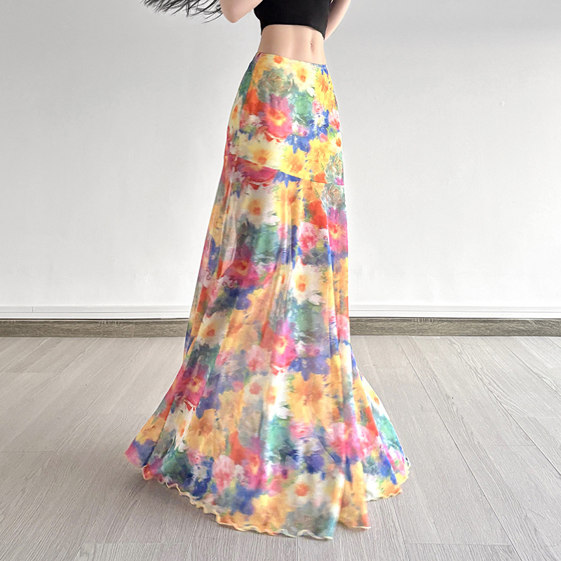2025 Summer Color Oil Painting Style Gradient Print Mesh Bodycon Skirt for Women Color-Block Slimming Ruffled Hem Midi