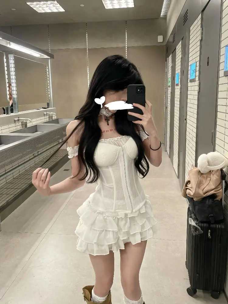 Women Sexy Two Piece Set Corset Top and Layered Ruffle Mini Skirt Slim Fit Suit Gothic Lolita Style Club Night Summer Outfit New R250716