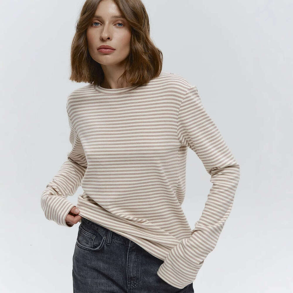 Striped T-Shirt Autumn Winter Commuter Slim Fit Round Neck Cotton Base Shirt Long Sleeve Tee For Women B5
