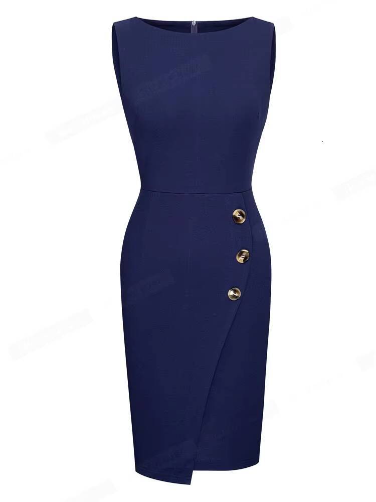 Nice-forever Summer Women Elegant Round Neck Plain Work Dresses Business Office Vintage Pencil Dress B705 dongdumaoyi