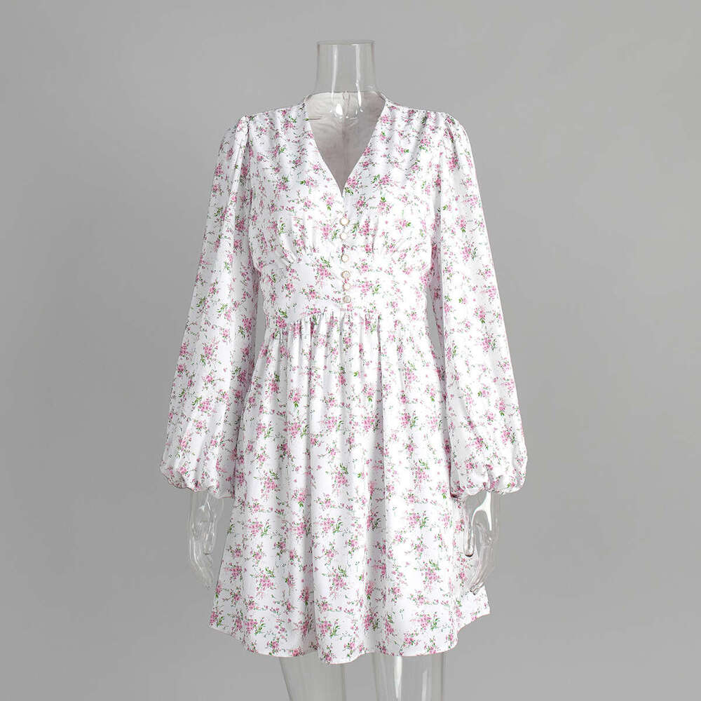 Printed Spring Summer New Lantern V Waist Short Long Sleeve Dress B5