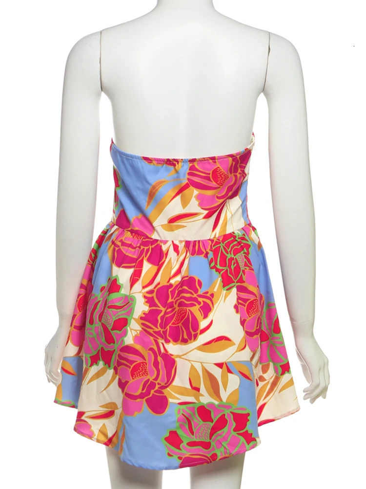 Weird Puss Colorful Print Strapless Dress Women Sexy Off Shoulder Backless Ruched Ruffles Vacation Y2K Sweet Style Mini Bodycon 250715