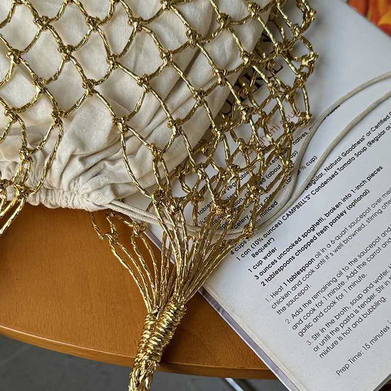 Hylhexyr Ins New Solid Color Gold and Thread Handmade Weaving Bag Bucket Shaped Handbag Beach Bags