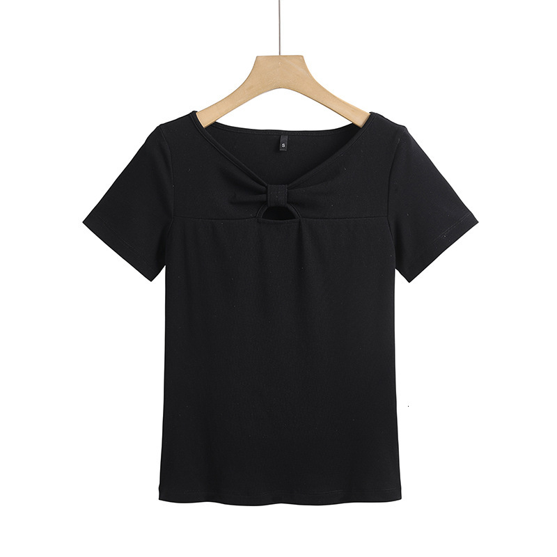 Summer New Women S T Shirt Hollow Chest Bow Sweet Korean Style Slim Fit Cotton Short Sleeve Women S T Shirt Fashion Regular Shoulder Half Sleeve Top N