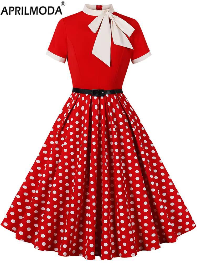 Polka Dot Print Patchwork Vintage Style A Line Swing Flare Dress Short Sleeve Red Pink Black 1950s Summer Holiday Casual Dresses dongdumaoyi