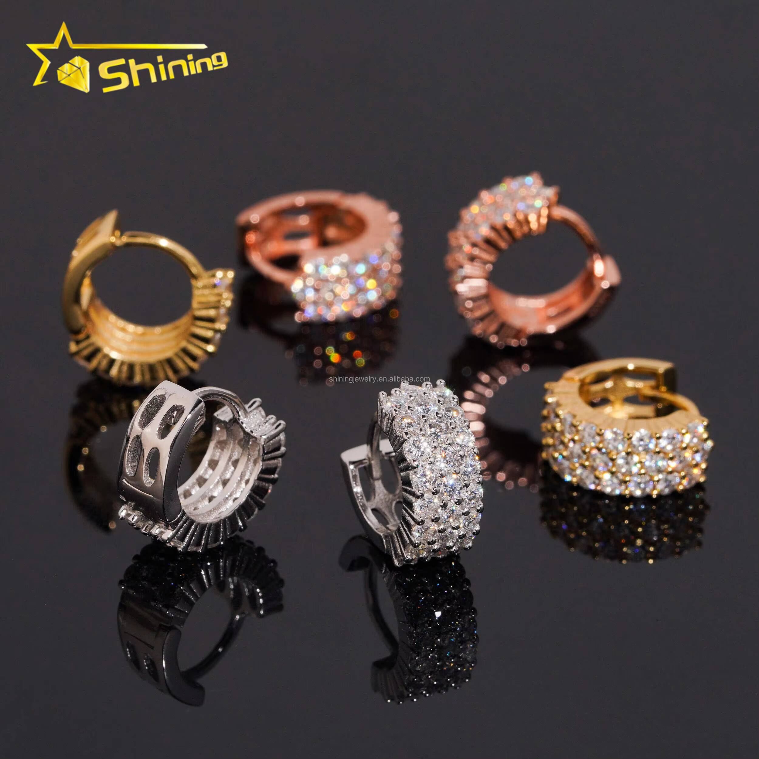Fashion Rapper Jewelry 3Rows Vvs Moissanite Diamond Hoop Earrings Unisex Hip Hop Iced Out 925 Silver Moissanite Hoop Earrings