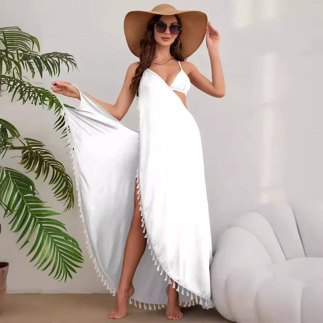 Vacation Tassels Solid Cover Up Maxi Strap For Women Sexy Casual Beachwear Sling Backless Swimwear Dresses Robes dongdumaoyi