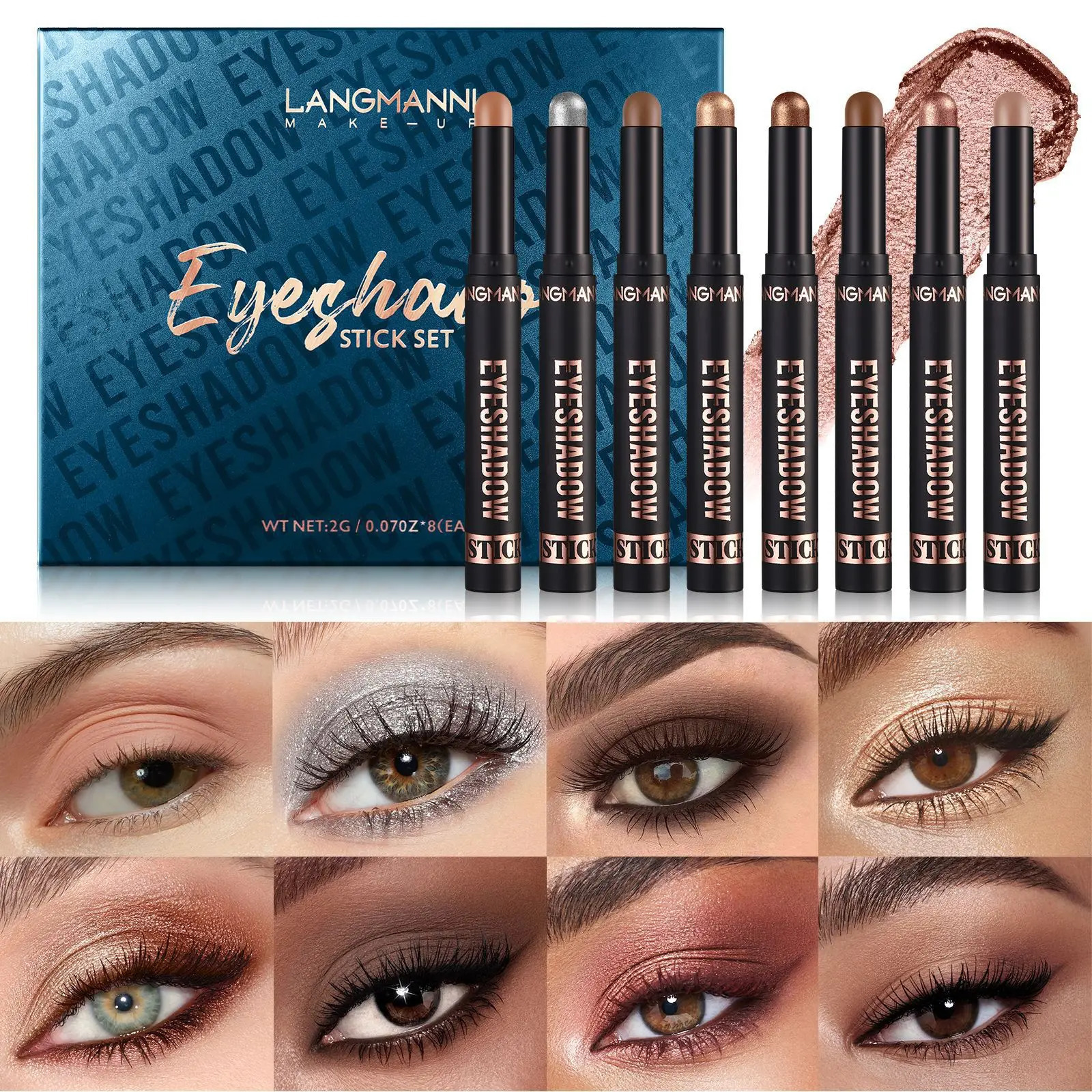 8PCS Neutral and Brown Metallic Eyeshadow Stick Pencil Crayon Set - Long-Lasting Pro Waterproof Satin Finish16 Vibrant Colors 250712