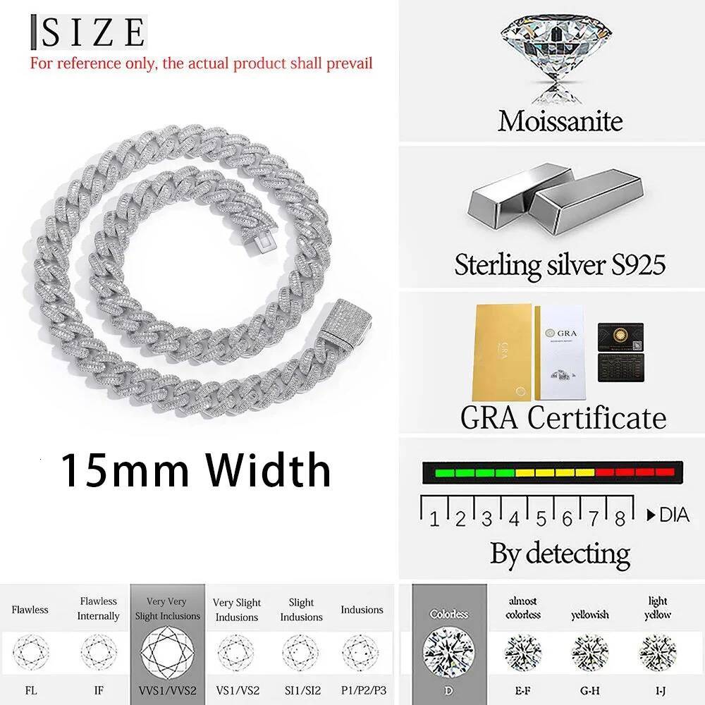 Pass Diamond Test GRA Moissanite 15mm Wide 925 Solid Silver Cuban link chain for Rapper Hip Hop Rectangle VVS Iced Out Necklace