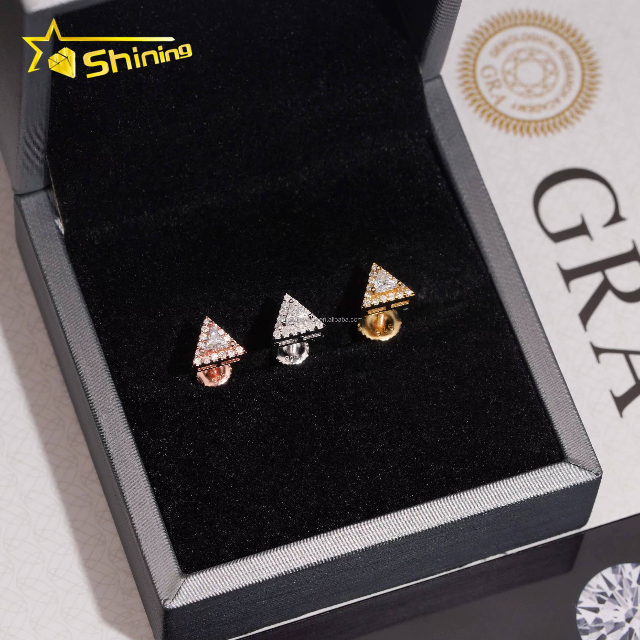 Drop Shipping Wholesale Price GRA Certificate Triangle Shape Style Man Hip Hop Iced Out 925 Silver VVS Moissanite Stud Earrings