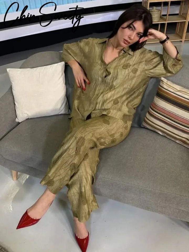 Casual Jacquard Shirt Pants Suit Women Lapel Half Sleeve Button Shirts Wide Leg Pant Suits Female Summer Lady Streetwear Set 250715