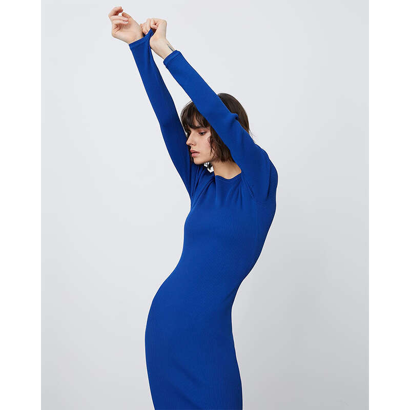 Round Neck Split Knit Autumn Winter Elegant Versatile Solid Color High Waist Bodycon Dress B5
