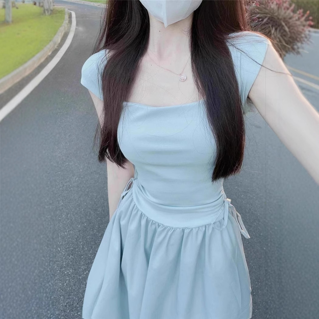 2025 Tea Break French Square Neck Dress for Women Summer New First Love Pure Sweet Long Waist-Cinching Petite