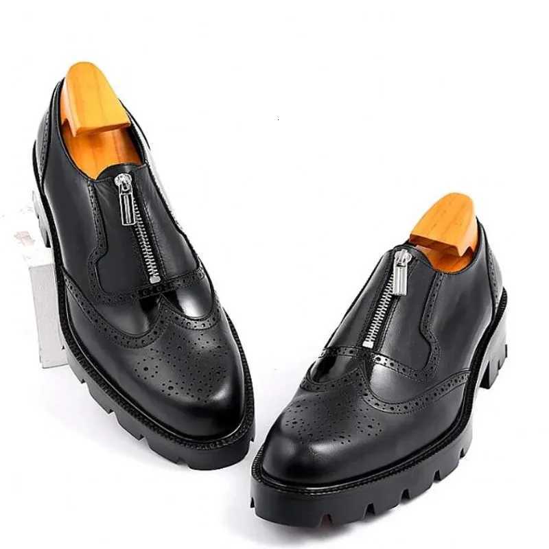 Handmade Genuine Leather Shoes for Men Oxfords Zipper Brogue Carved Office Shoes Wedding Dress Shoe Gentlemen Plus Size 38-45 W250716
