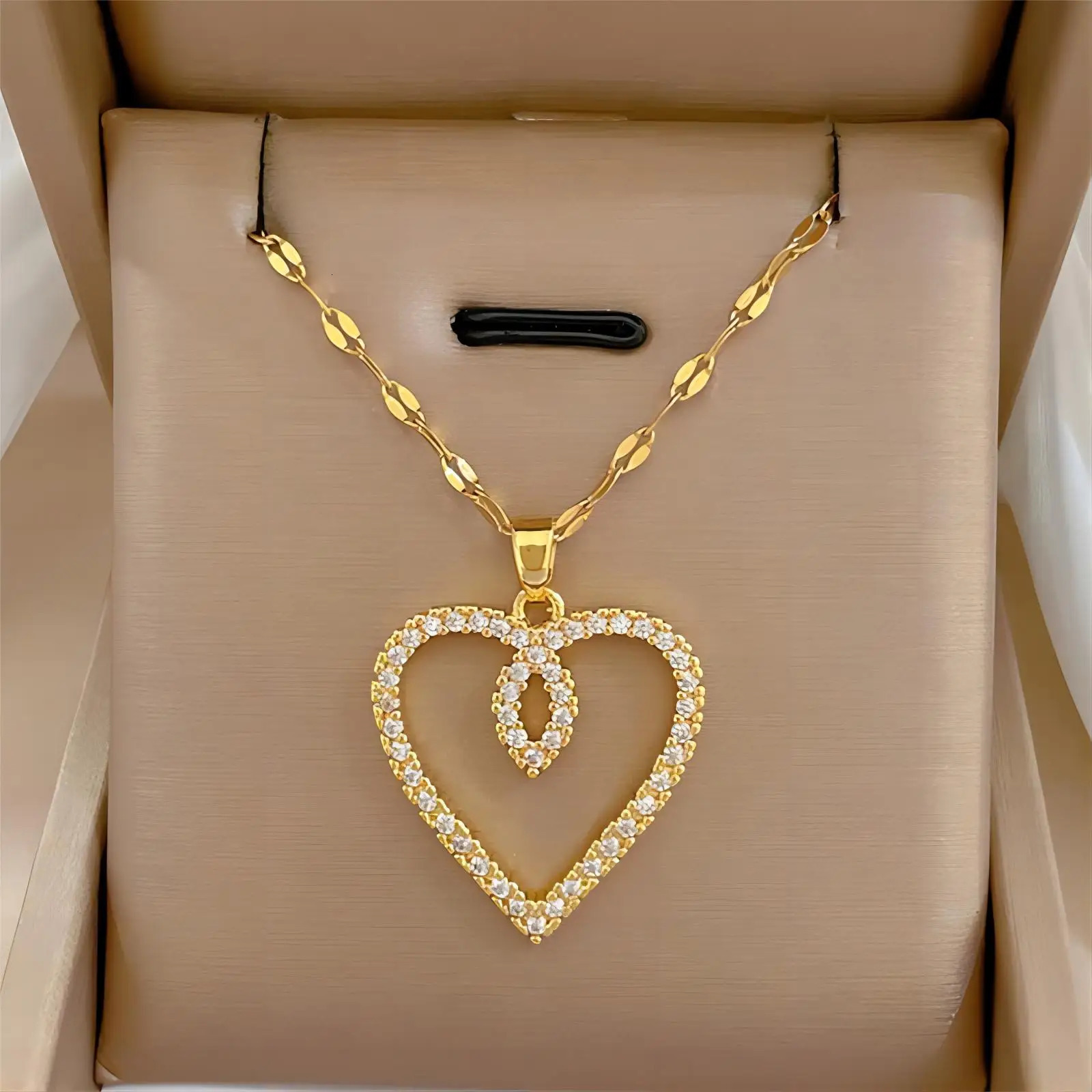 Trendy Heart Stainless Steel Zirconia Necklaces For Women Girls Love Gold Color Metal Necklace Party Birthday Daily Jewelry 250805