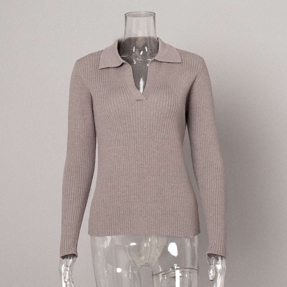 POLO Collar Knitted Autumn Winter Elegant Commuter Slim Fit Ribbed Base Pullover Sweater For Women B5