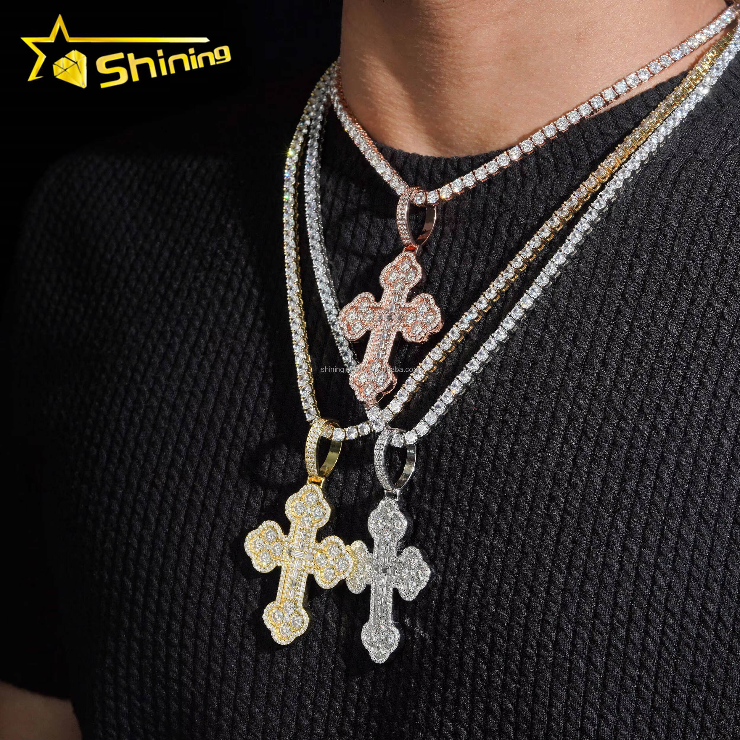 GRA Certificate New Arrivals Bulk Stock Hip Hop Stylish Man VVS1 Moissanite Baguette Diamond S925 Silver Iced Out Cross Pendant