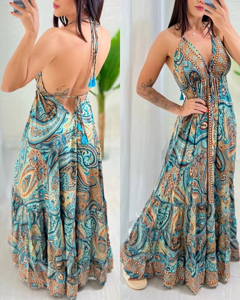 Summer Women Fashion Tribal Print V-Neck Spaghetti Strap Maxi Casual Backless Flowy A Line Dress dongdumaoyi